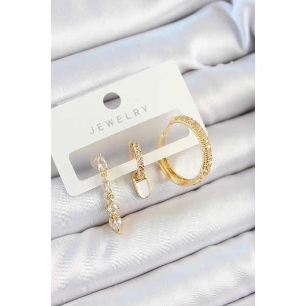 Pirinç Zirkon Taşlı Sallantılı Model Gold Renk 3lü Çift Kadın Küpe Set