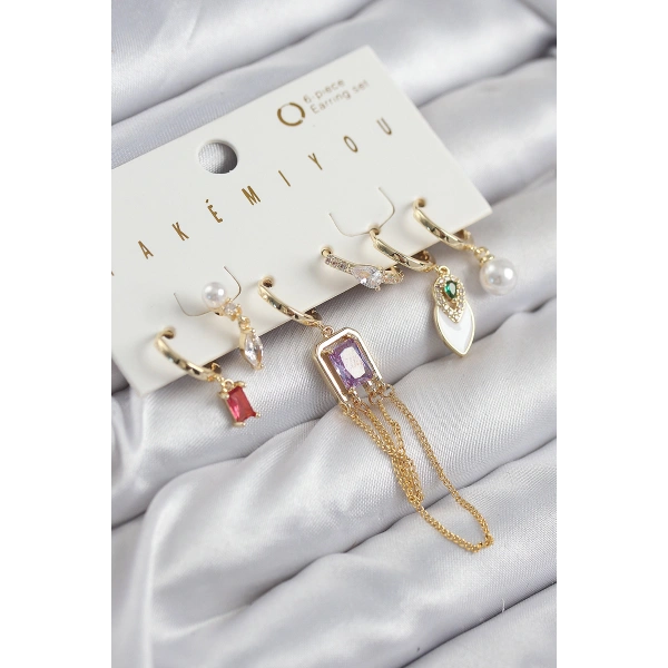 Pirinç Zirkon Taşlı Sallantılı Ve İncili Gold Renk 6lı Küpe Set
