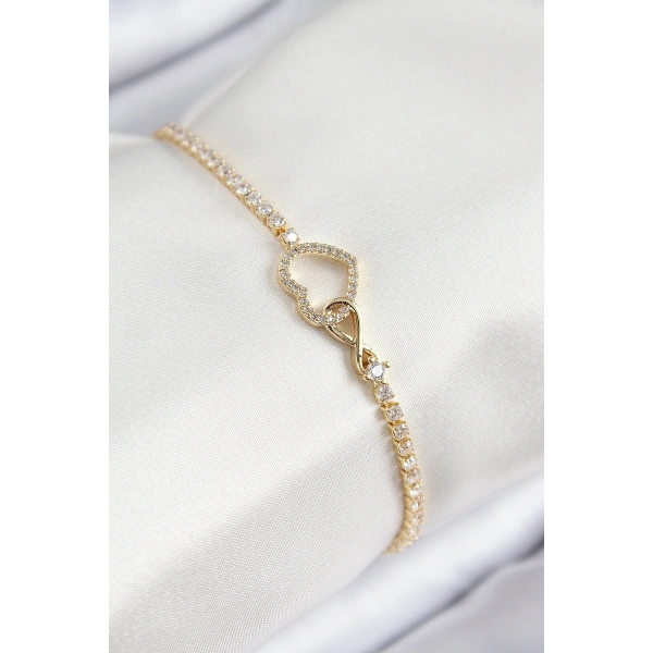 Pirinç Zirkon Taşlı Sonsuzluk Kalp Model Gold Renk Kadın Bileklik