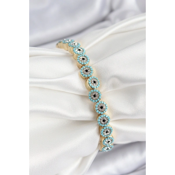 Pirinç Zirkon Taşlı Turkuaz Nazar Model Gold Renk Lastikli Kadın Bileklik