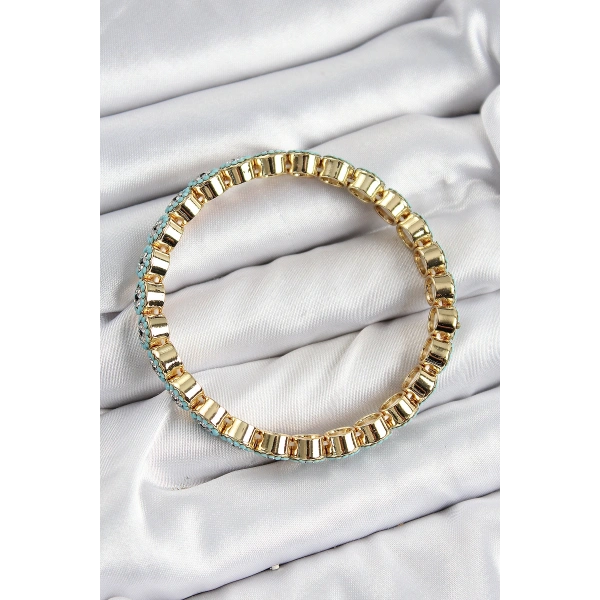 Pirinç Zirkon Taşlı Turkuaz Nazar Model Gold Renk Lastikli Kadın Bileklik