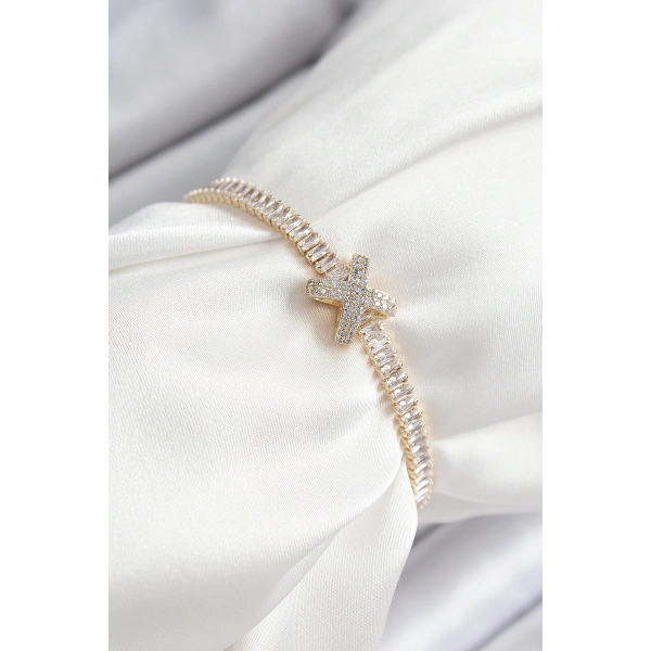 Pirinç Zirkon Taşlı X Detaylı Su Yolu Model Gold Renk Asansörlü Kadın Bileklik