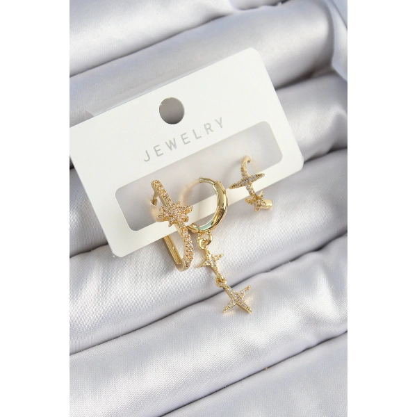 Pirinç Zirkon Taşlı Yıldız Model Gold Renk 3lü Çift Kadın Küpe Set