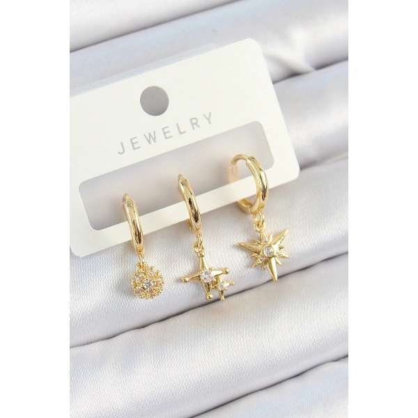 Pirinç Zirkon Taşlı Yıldız Model Gold Renk 3lü Çift Kadın Küpe Set