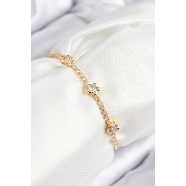 Pirinç Zirkon Taşlı Yıldız Model Gold Renk Asansörlü Kadın Bileklik