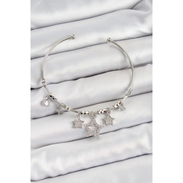 Pirinç Zirkon Taşlı Yıldız Model Gümüş Renk Charm Bileklik