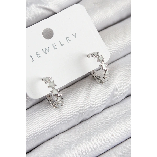 Pirinç Zirkon Taşlı Yıldız Model Gümüş Renk Kadın Küpe