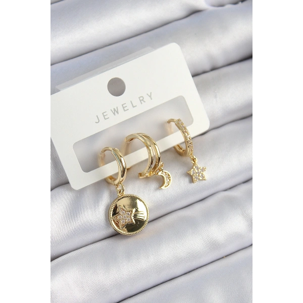 Pirinç Zirkon Taşlı Yıldız Ve Ay Model Gold Renk 3lü Çift Kadın Küpe Set