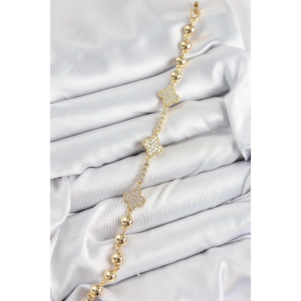 Pirinç Zirkon Taşlı Yonca Model Gold Renk Kadın Bileklik