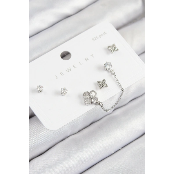 Pirinç Zirkon Taşlı Yonca Model Gümüş Renk 925 Ayar Gümüş Çivi Kadın Küpe Set