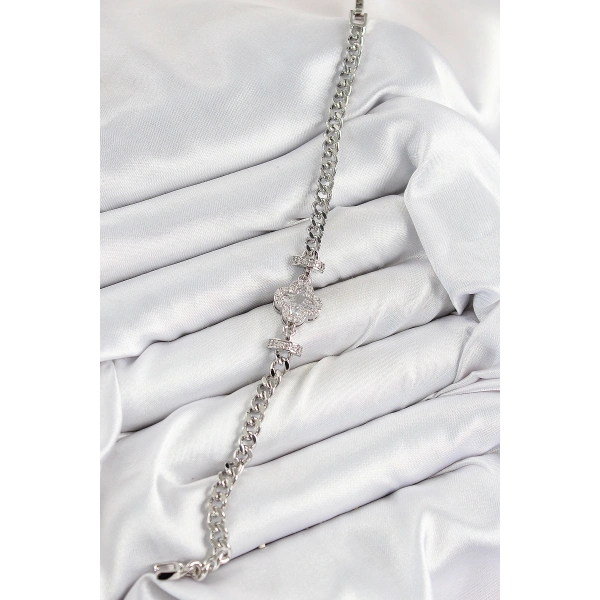 Pirinç Zirkon Taşlı Yonca Model Gümüş Renk Kadın Bileklik