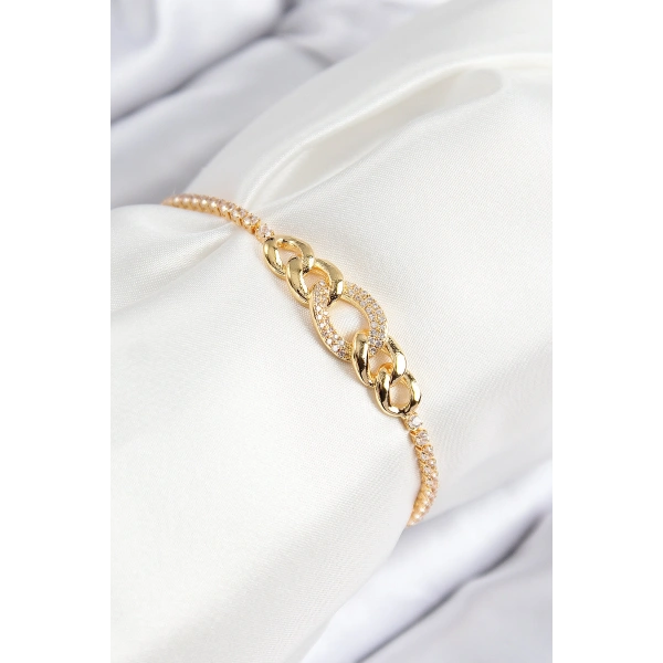 Pirinç Zirkon Taşlı Zincir Model Gold Renk Asansörlü Kadın Bileklik