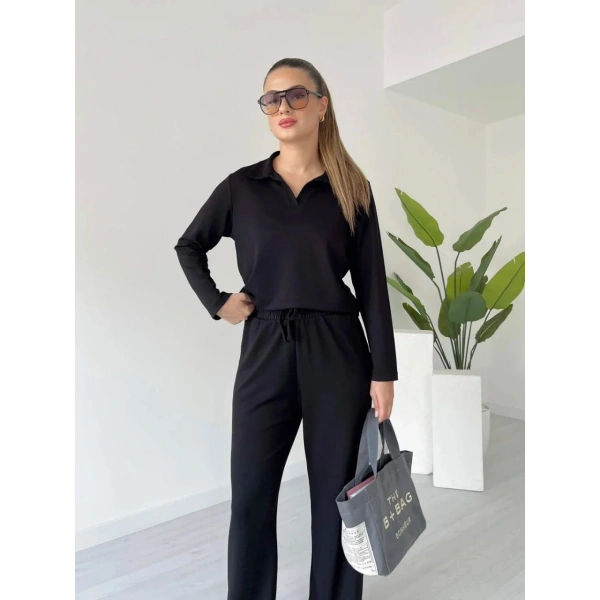 Polo yaka alt üst kollu modal takım siyah pt