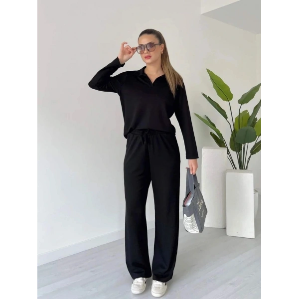 Polo yaka alt üst kollu modal takım siyah pt