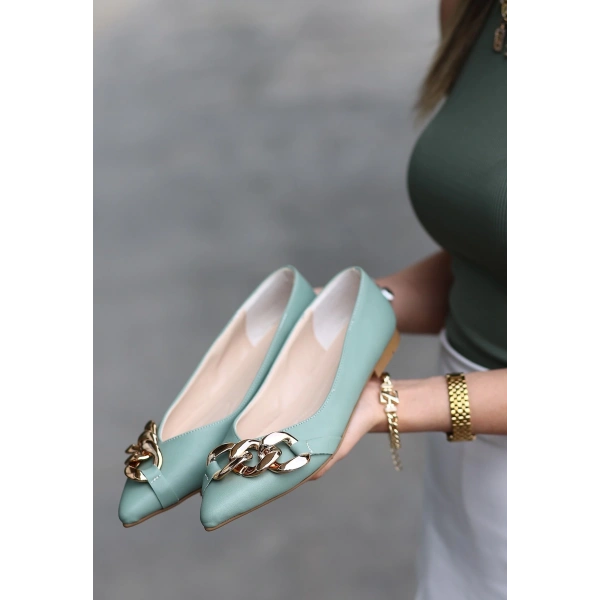 Popi Mint Yeşili Cilt Zincirli Babet Ayakkabı