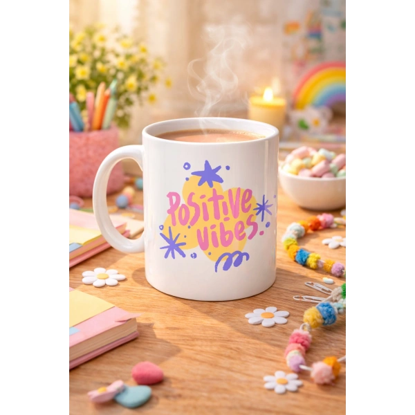 Positive Vibes Porselen Kupa MODEL 138 – Renkli Tasarım Motivasyon Kupası – Pozitif Enerji Veren Kahve & Çay Kupası