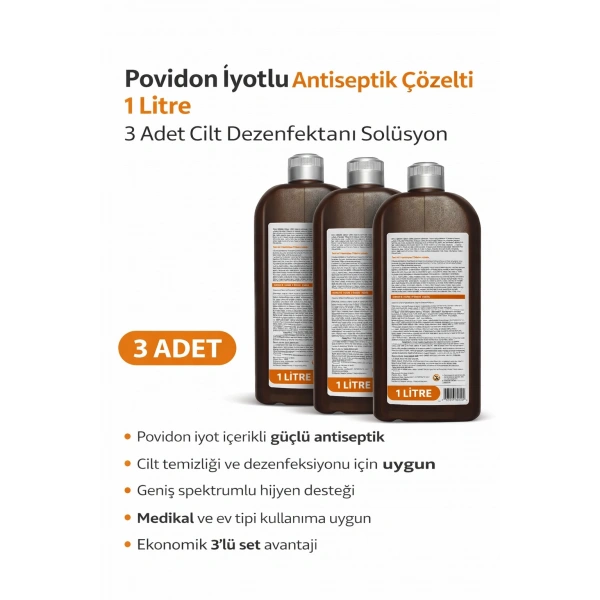 Povidon İyotlu Baticonal Antiseptik Çözelti 1 Litre x 3 Adet Cilt Dezenfektanı Solüsyon