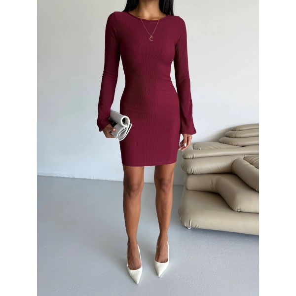 Prenses kol esnek kumaş elbise bordo f2334