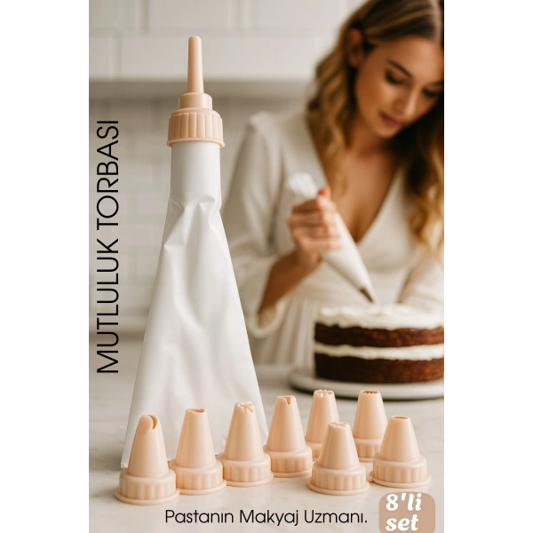 Profesyonel 8'li Krema Sıkma Torbası Seti | Pastacılık Dekorasyon Uçları ve Fırfır Başlıkları