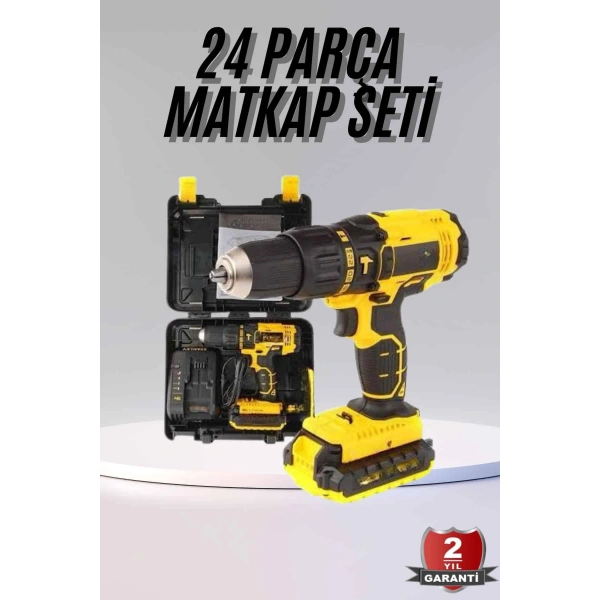 Profesyonel Çift Bataryalı Akülü Vidalama Şarjlı Matkap 24 Parça