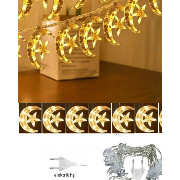 Ramazan İçin Hilal Yıldız Işık Zinciri Yanıp Sönen ve Sabit Modlu