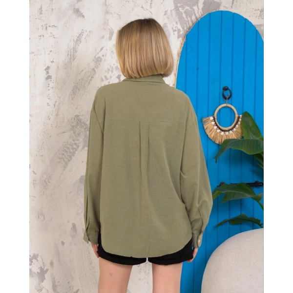 Relax fit keten gömlek haki s255349