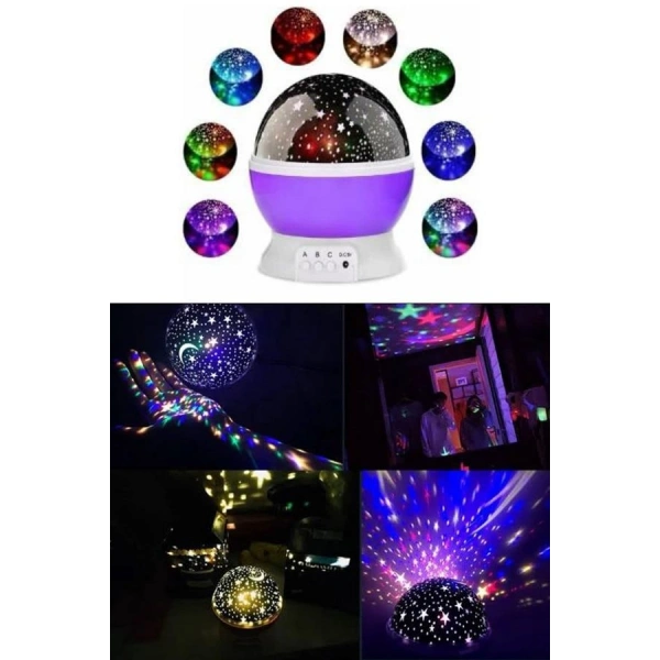 Renkli Yıldızlı Gökyüzü Projeksiyon Gece Lambası Pilli ve USB Kablolu