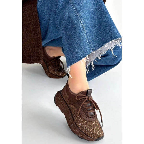 Rimay Kahverengi Cilt Boncuk İşlemeli Spor Ayakkabı