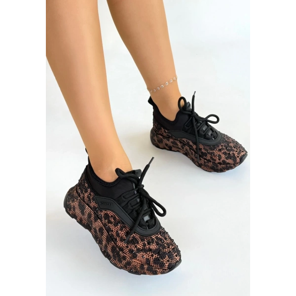 Rimay Kahverengi Leopar Boncuk İşlemeli Spor Ayakkabı