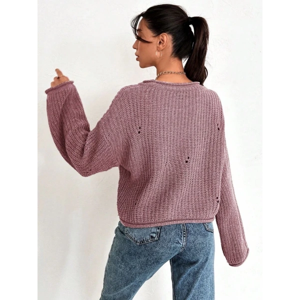 Salaş delik detaylı kazak pembe