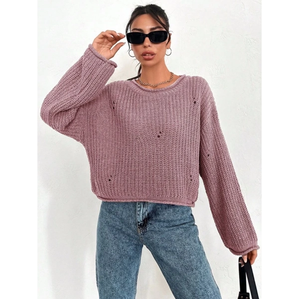 Salaş delik detaylı kazak pembe