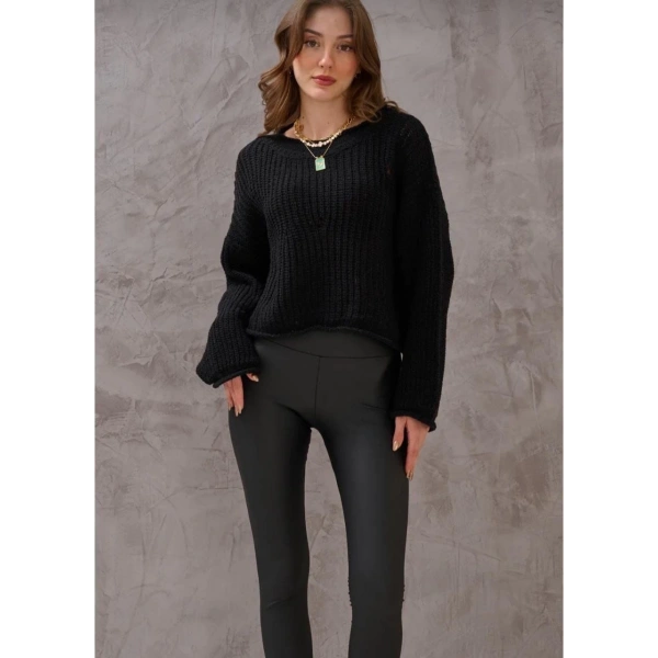 Salaş delik detaylı kazak siyah