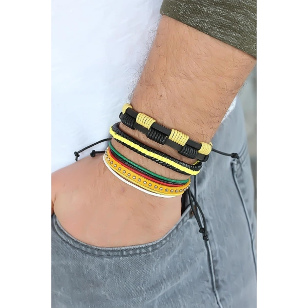 Sarı Renk Zımbalı Deri Erkek Bileklik Kombini