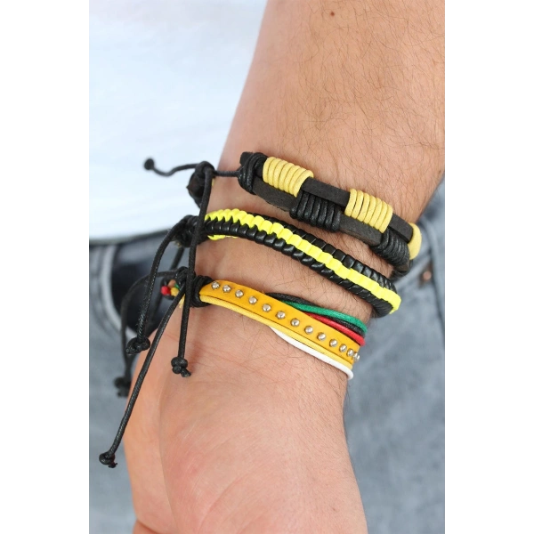 Sarı Renk Zımbalı Deri Erkek Bileklik Kombini