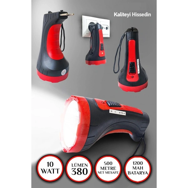 Şarjlı 10w Projektör Led El Feneri 2 Mod Aydınlatmalı Uzun Menzil Güvenlik Bekçi Polis Feneri Işıldak