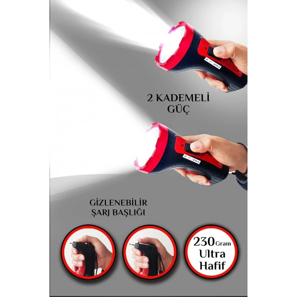 Şarjlı 10w Projektör Led El Feneri 2 Mod Aydınlatmalı Uzun Menzil Güvenlik Bekçi Polis Feneri Işıldak