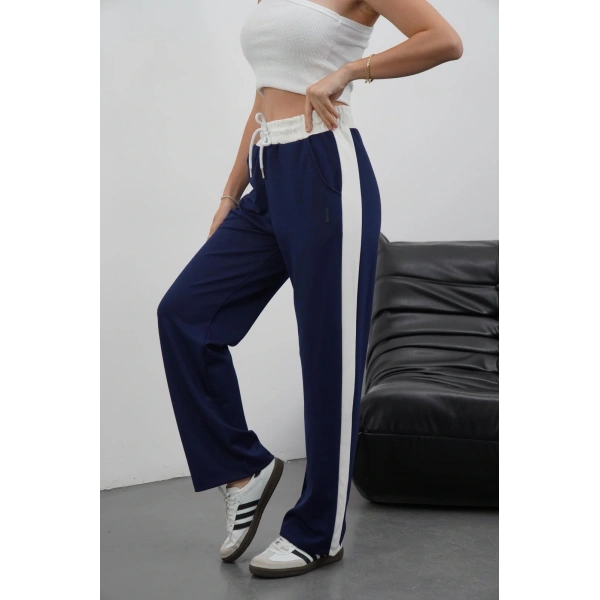 Şeritli garnili pantolon lacivert