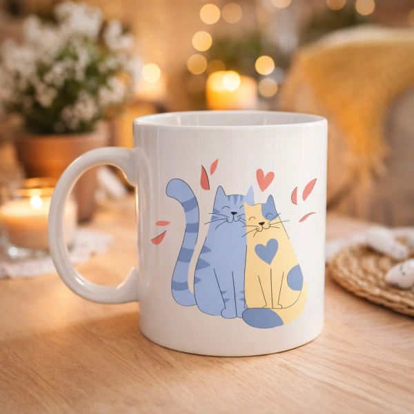 Sevimli Aşık Kediler Desenli Porselen Kupa Model 42 – Love Cats Tasarım Sevgiliye Hediye, Kahve & Çay Kupası