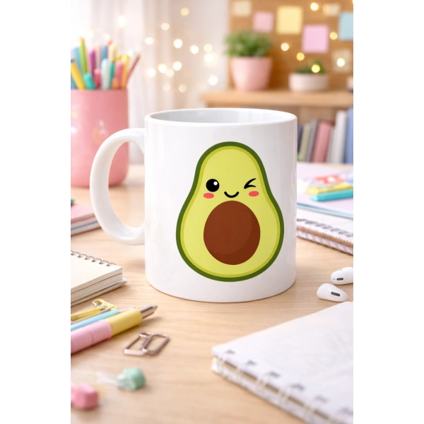 Sevimli Avokado Tasarımlı Porselen Kupa MODEL 120 – Göz Kırpan Avokado Figürlü Kahve & Çay Kupası