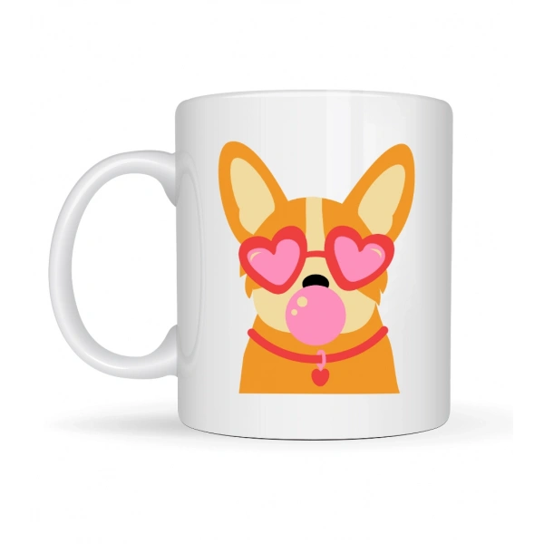 Sevimli Corgi Desenli Porselen Kupa Model 44 – Kalpli Gözlüklü Köpek Tasarımlı, Eğlenceli & Hediye Fikri
