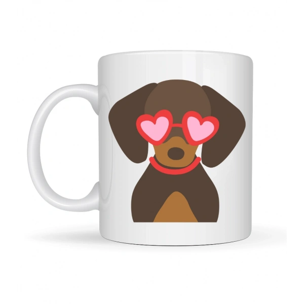 Sevimli Dachshund (Sosis Köpek) Desenli Porselen Kupa Model 47 – Kalpli Gözlüklü Köpek Figürlü, Hediye Kupası