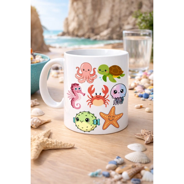 Sevimli Deniz Canlıları Desenli Porselen Kupa MODEL 118 – Ahtapot, Kaplumbağa, Yengeç ve Deniz Yıldızlı Kahve Kupası