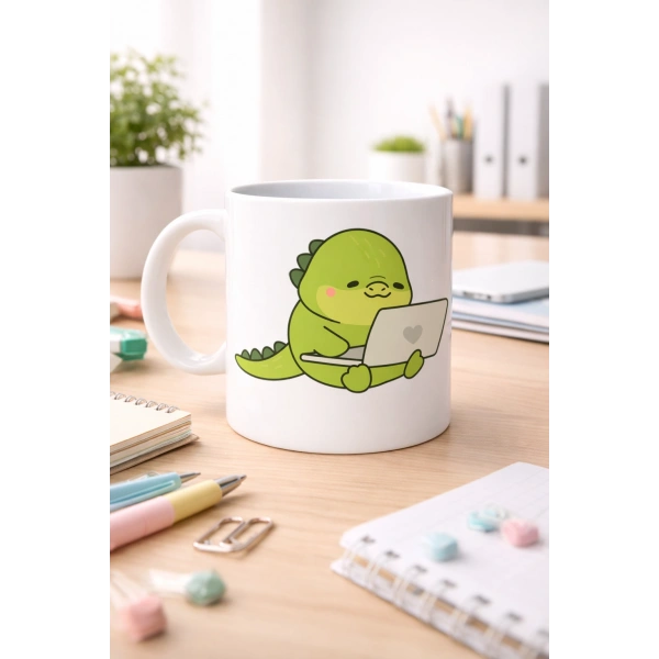 Sevimli Dinozor Tasarımlı Porselen Kupa MODEL 117 – Laptoplu Tatlı Dino Figürlü Ofis & Ev Kahve Kupası