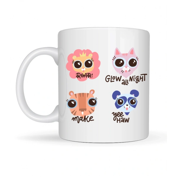 Sevimli Hayvan Figürlü Porselen Kupa MODEL 70 – “Roar • Glow All Night • Make • Yee Haw” Tasarımlı Özel Baskı Kupa