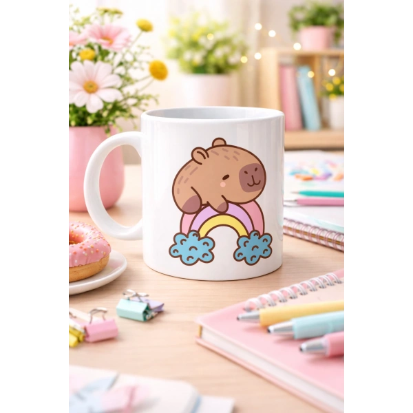 Sevimli Kapibara Gökkuşağı Tasarımlı Porselen Kupa MODEL 119 – Tatlı Hayvan Figürlü Kahve & Çay Kupası