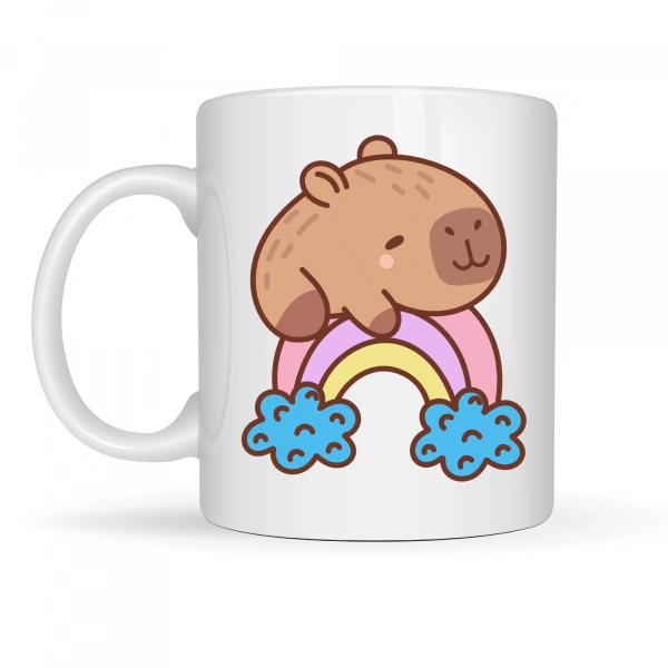 Sevimli Kapibara Gökkuşağı Tasarımlı Porselen Kupa MODEL 119 – Tatlı Hayvan Figürlü Kahve & Çay Kupası