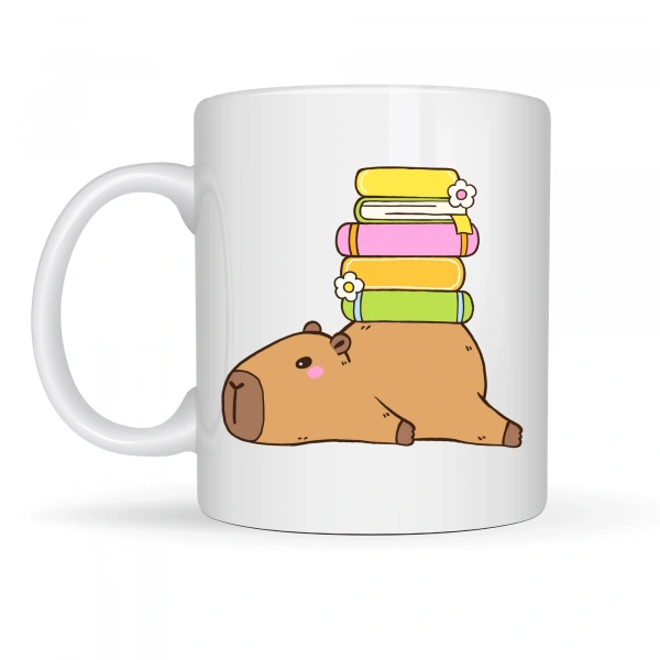 Sevimli Kapibara Kitaplı Kupa MODEL 101 – Kahve & Çay Kupası Kitap Severlere Özel Tatlı Tasarım Porselen Kupa