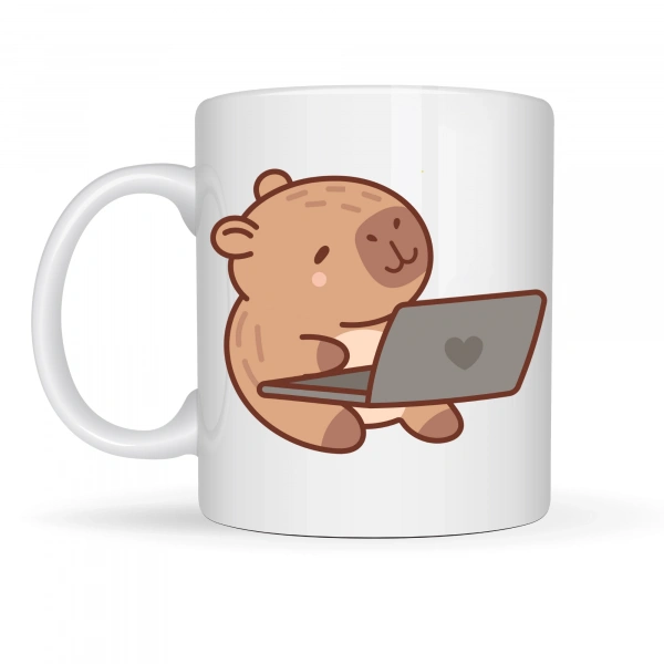 Sevimli Kapibara Laptop Tasarımlı Porselen Kupa MODEL 103 – Ofis & Ev İçin Sıcak Kahve Kupası Hediye Fikirleri