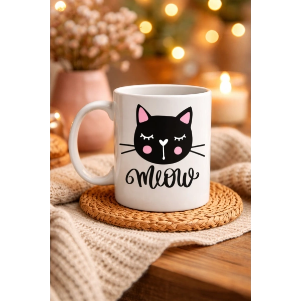Sevimli Kedi Desenli Porselen Kupa MODEL 63 – “Meow” Yazılı Kahve & Çay Keyfi İçin Tatlı Tasarım