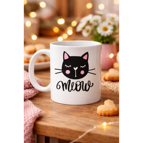 Sevimli Kedi Desenli Porselen Kupa MODEL 63 – “Meow” Yazılı Kahve & Çay Keyfi İçin Tatlı Tasarım